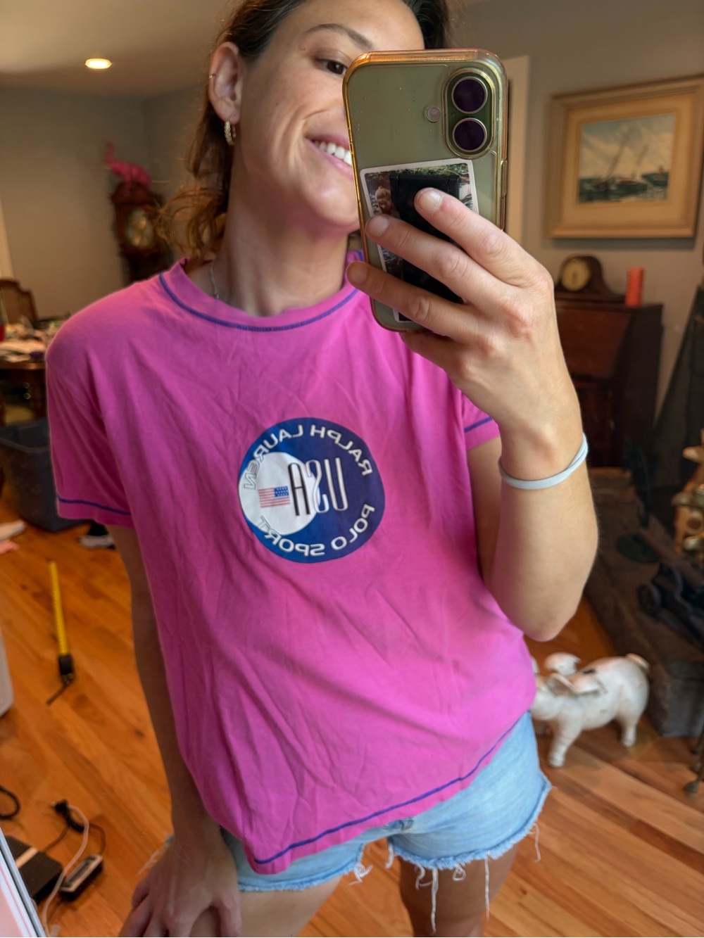 Vintage 90s Ralph Lauren Polo Sport USA Pink Baby Tee Made in USA L